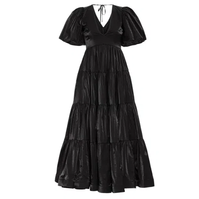 Fickle Hearts Women's Robin Black Poplin Puff Sleeve Avantgarde Maxi Summer Dress