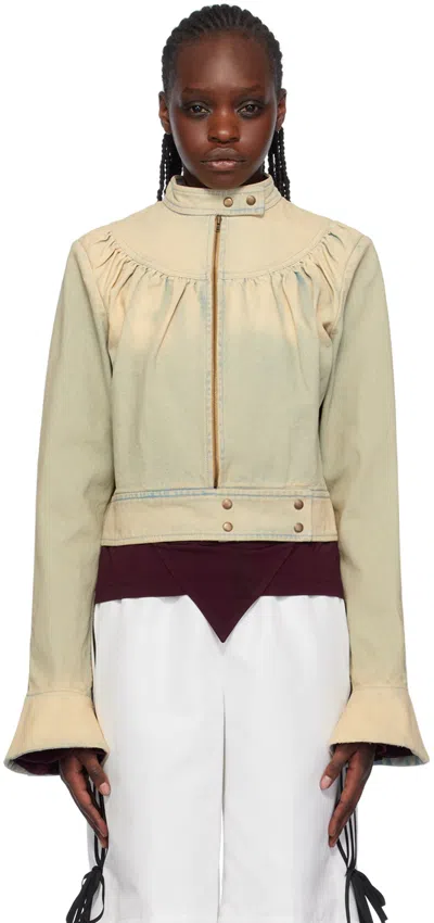 Fidan Novruzova Beige & Green Gathered Denim Jacket In Green/beige Wash