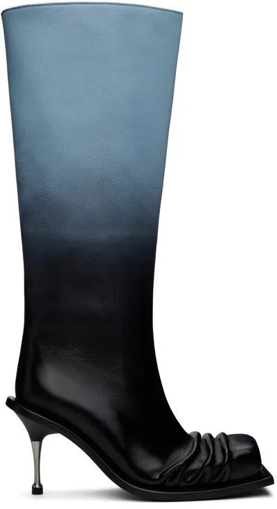 Fidan Novruzova Blue & Black Stiletto Heel Classic Square Toe Boots In Baby Blue/ Black