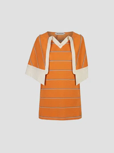 Fidan Novruzova Short Sleeved Polo Shirt In Orange Blue Wht Str Wht Dtl