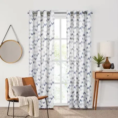 Fieldcrest Arden Modern Herringbone Cotton Grommet Top Sheer Single Curtain Panel In Blue