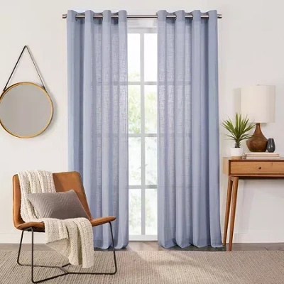 Fieldcrest Arden Solid Cotton Grommet Top Sheer Single Curtain Panel In Blue
