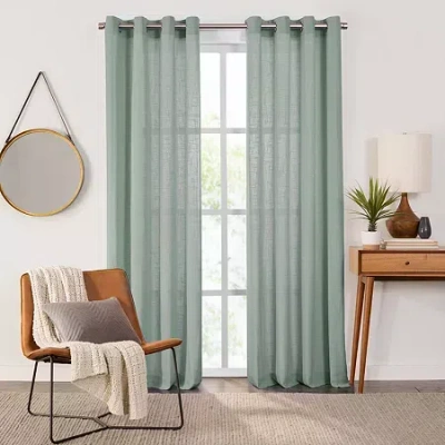 Fieldcrest Arden Solid Cotton Grommet Top Sheer Single Curtain Panel In Green