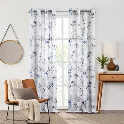 Fieldcrest Arden Watercolor Bouquet Cotton Grommet Top Sheer Single Curtain Panel In Blue