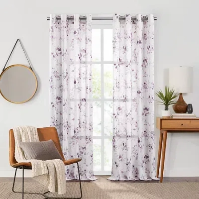 Fieldcrest Arden Watercolor Bouquet Cotton Grommet Top Sheer Single Curtain Panel In Purple