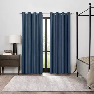 Fieldcrest Heritage Classic Stripe Grommet Top Energy Saving 100% Blackout Single Curtain Panel In Blue