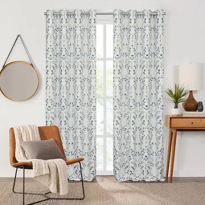 Fieldcrest Heritage Davina Vine Floral Grommet Top Energy Saving 100% Blackout Single Curtain Panel In Blue