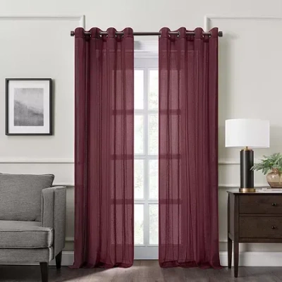 Fieldcrest Heritage Mirron Solid Grommet Top Sheer Single Curtain Panel In Red