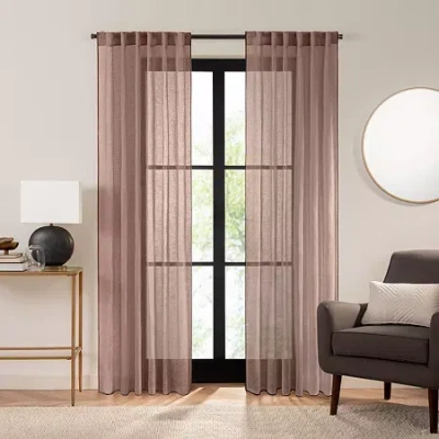 Fieldcrest Luxury Linen Border Stripe Rod Pocket Back Tab Sheer Single Curtain Panel In Pink