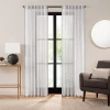 Fieldcrest Luxury Linen Border Stripe Rod Pocket Back Tab Sheer Single Curtain Panel In White