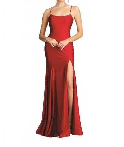 Fiesta Fashion Satin Open Back High Slit Leg Evening Gown Dress In Rust In Multi