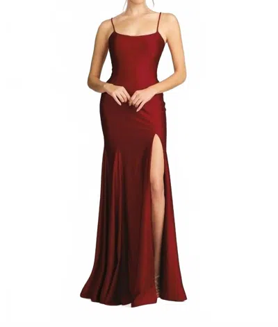 Fiesta Fashion Satin Open Back High Slit Leg Evening Gown Maxi Dress In Burgundy