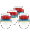 Fiesta Bright Edgeline 15-ounce Stemless Wine Glass Set Of 4 In Scarlet,turquoise,lapis,daffodil