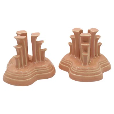 Pre-owned Fiesta Ware Art Deco Apricot Peach Tripod Pyramid Candleholder By , Pair In Orange