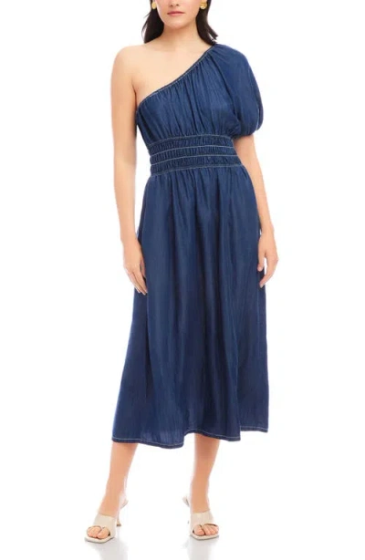 Fifteen Twenty Abilene One-shoulder Puff Sleeve Midi Dress In Indigo