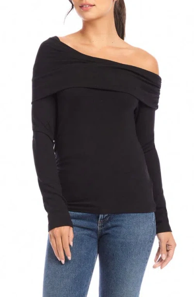 Fifteen Twenty Asymmetric One-shoulder Stretch Cotton Blend Long Sleeve Top In Black