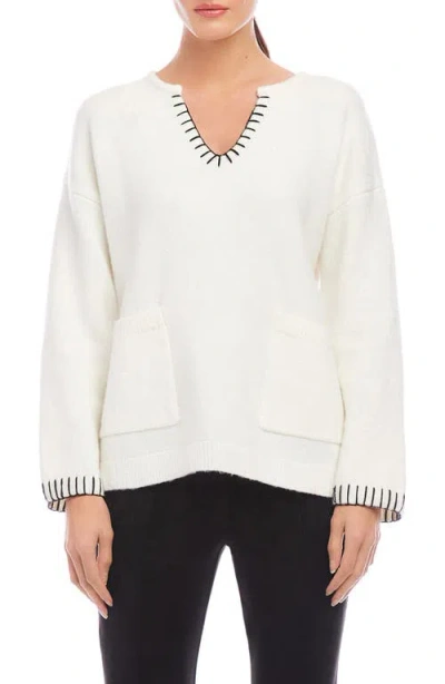 Fifteen Twenty Blanket Stitch V-neck Sweater In Cream