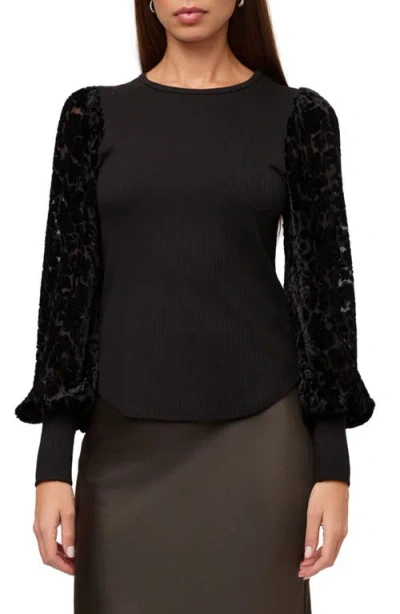 Fifteen Twenty Burnout Bishop-sleeved Ribbed Top In Black