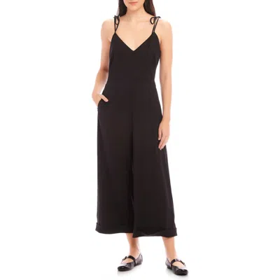 Fifteen Twenty Dana Tie Strap Wide Leg Crop Linen Blend Jumpsuit In Black