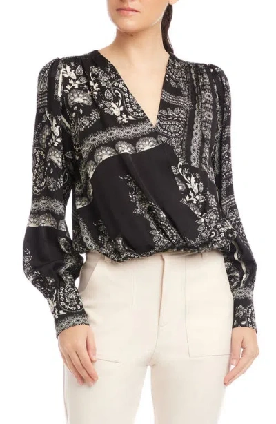Fifteen Twenty Ines Paisley Print Drape Front Top In Black