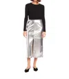 Fifteen Twenty Kaia Faux Leather Front Slit Midi Skirt In Silver In Silver