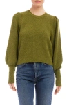 Fifteen Twenty Lia Shirred Sleeve Crew Neck Sweater In Olive In Green
