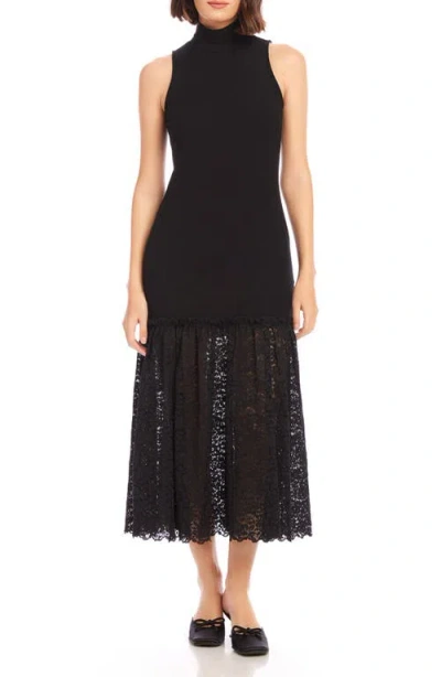 Fifteen Twenty Liana Mixed Media Sleeveless Rib & Lace Dress In Black