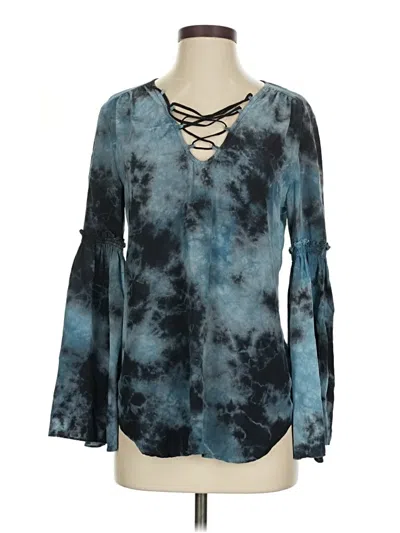 Pre-owned Fifteen Twenty Long Sleeve Silk Top Blue Tie-dye Pattern Keyhole Neckline Tops