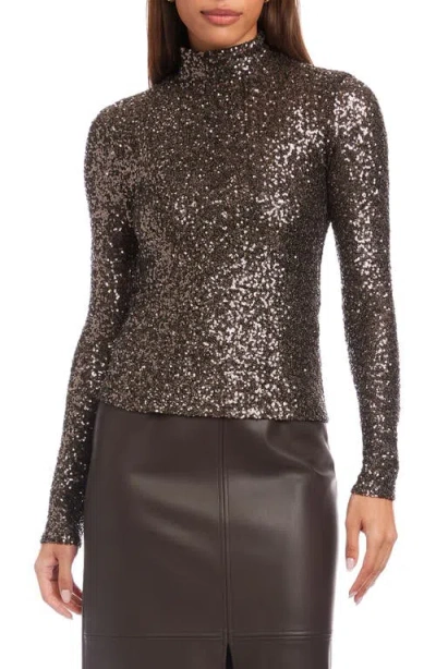 Fifteen Twenty Mara Sequinned Mock Neck Top In Brown