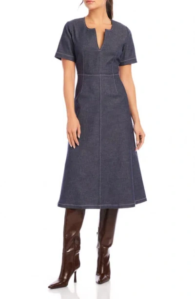 Fifteen Twenty Olivia Contrast Stitch Denim Midi Dress In Navy