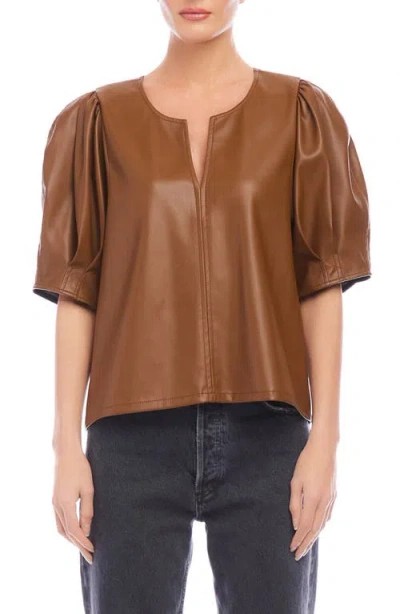 Fifteen Twenty Poof Faux Leather Puff Sleeve Top In Caramel