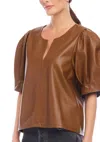Fifteen Twenty Poof Faux Leather Puff Sleeve Top In Brown
