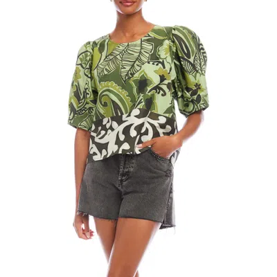 Fifteen Twenty Puff Sleeve Mix Print Top In Green
