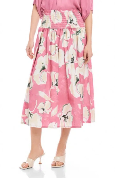 Fifteen Twenty Rhea Floral Cotton Smocked Waist Midi Skirt In Pink