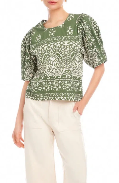 Fifteen Twenty Rosie Puff Sleeve Top In Stamped Scarf Print In Green