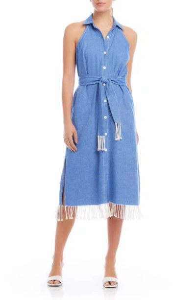 Fifteen Twenty Sara Fringe Hem Sleeveless Cotton Blend Shirtdress In Chambray