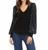 Fifteen Twenty Sequin Sleeve Top In Black/navy In Black