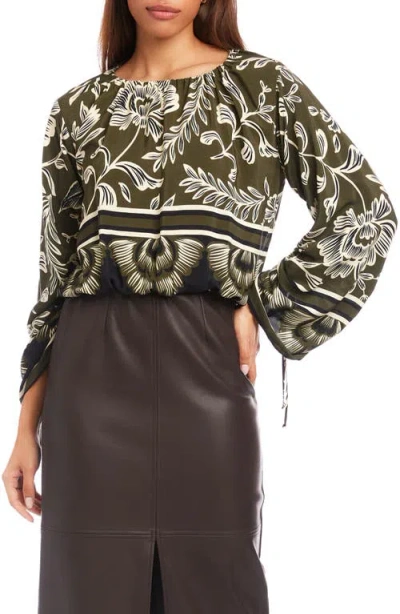 Fifteen Twenty Serafina Long Sleeve Top In Floral Border Crepe Print In Green