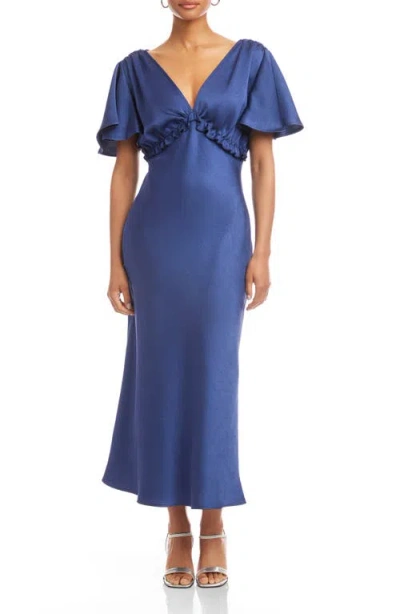 Fifteen Twenty Shailene Satin Flutter Sleeve Midi Dress In Blue