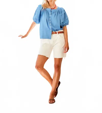 Fifteen Twenty Shay Contrast Stitch Puff Sleeve Chambray Button-up Shirt In Blue