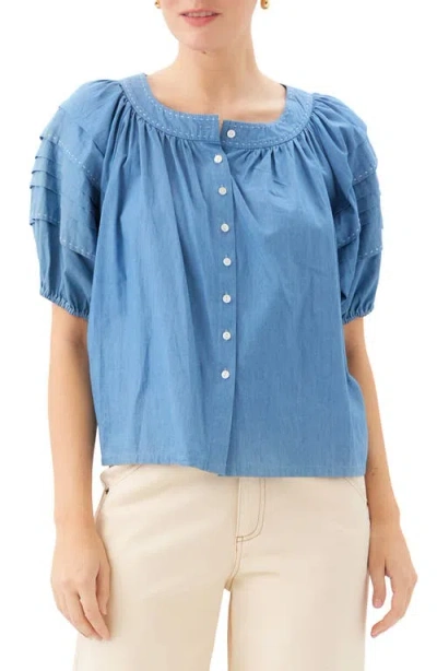 Fifteen Twenty Shay Contrast Stitch Puff Sleeve Chambray Button-up Shirt In Blue