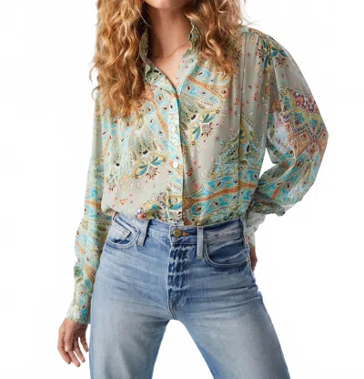 Fifteen Twenty Shirred Button-up Pattern Shirt In Green In Multi