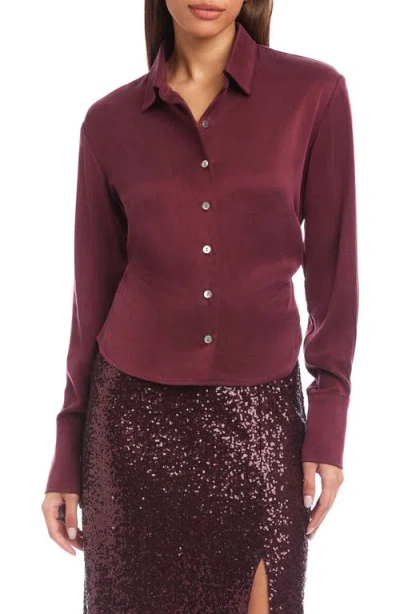 Fifteen Twenty Tawnie Side Pleat Satin Button-up Shirt In Burgundy