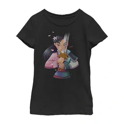 Fifth Sun Kids' Disney Little & Big Girls Mulan Portrait Crew Neck Short Sleeve Graphic T-shirt In Black