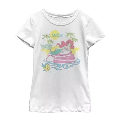 Fifth Sun Disney Little & Big Kid Girls Crew Neck Short Sleeve Regular Fit Ariel Graphic T-shirt In White