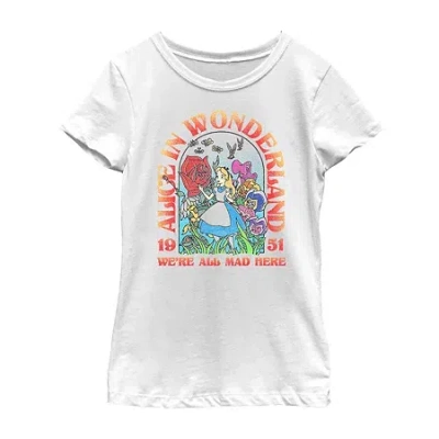 Fifth Sun Disney Little & Big Kid Girls Crew Neck Short Sleeve Slim Fit Alice In Wonderland Graphic T-shirt In White