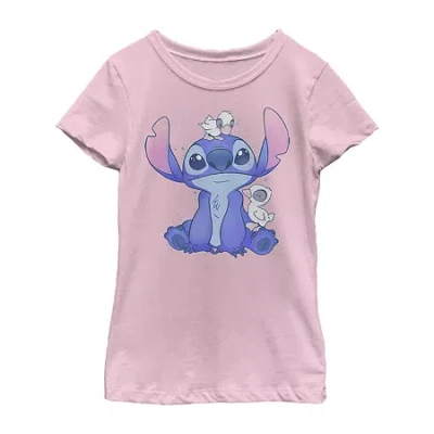 Fifth Sun Disney Little & Big Kid Girls Crew Neck Short Sleeve Slim Fit Lilo & Stitch Graphic T-shirt In Pink