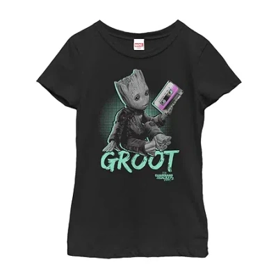 Fifth Sun Groot Little & Big Kid Girls Crew Neck Short Sleeve Slim Fit Marvel Graphic T-shirt In Black