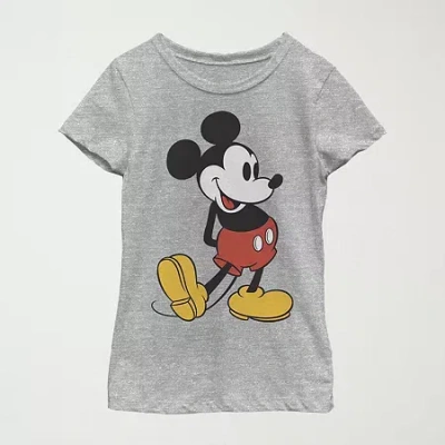 Fifth Sun Little & Big Kid Girls Crew Neck Short Sleeve Regular Fit Mickey Mouse Graphic T-shirt In Gray