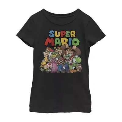 Fifth Sun Little & Big Kid Girls Crew Neck Short Sleeve Regular Fit Super Mario Graphic T-shirt In Black
